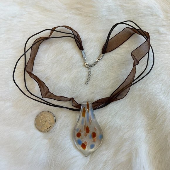 BEautiful Blue Brown Dot Dichroic Fused Glass Pendant 19" Necklace 12532 - Picture 7 of 8